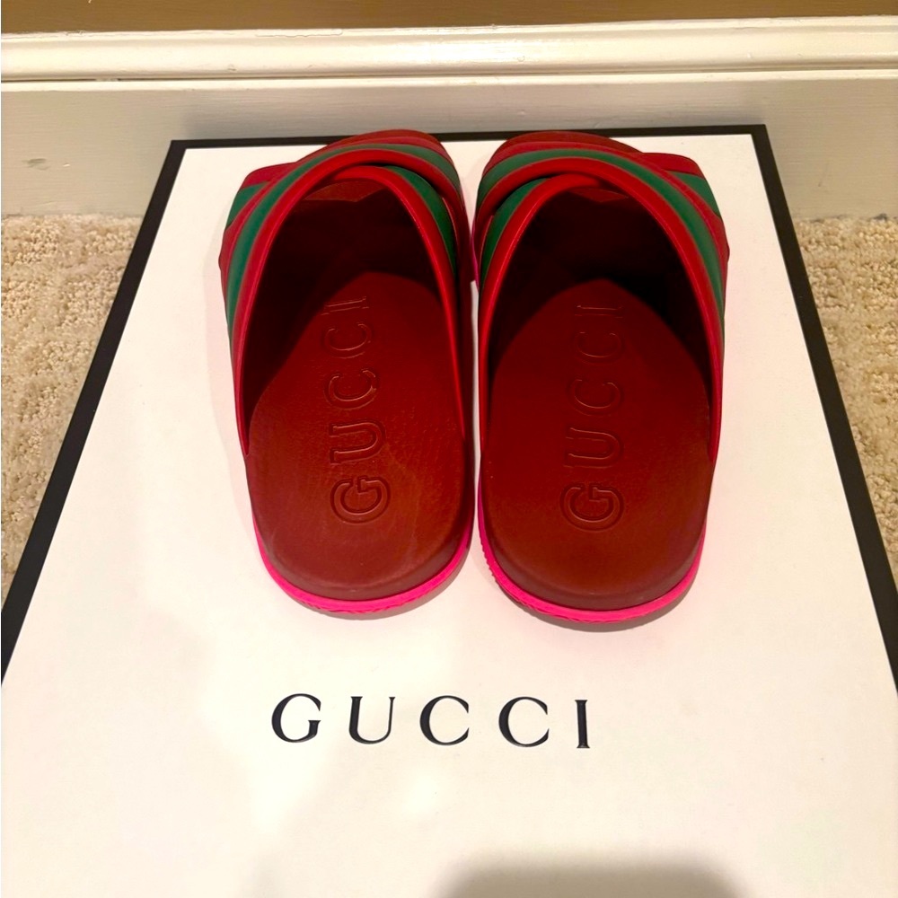 Gucci Red and Green Crisscross web Slides - Picture 9 of 10